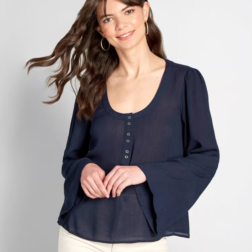 NWT Modcloth Bells and Giggles Long Sleeve Blouse Navy Blue Size XS NEW